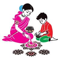 Mother and Son Creating Rangoli Silhouette Illustration for Festival vector