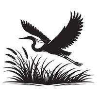 Silhouette Great Blue Heron Flying Over Marsh Grass Illustration Design vector