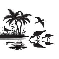 Silhouette Landscape of Tropical Palm Trees and Birds vector