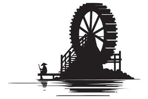 Rustic water wheel illustration riverside mill and serene worker design vector