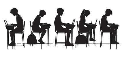 Students Silhouette Studying with Laptops in Classroom Setting vector