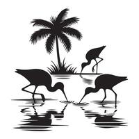Tropical Birds and Palm Tree Silhouette Waterscape Scene Design vector