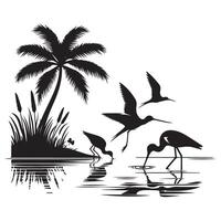 Tropical birds in water silhouette illustration palm tree scene vector