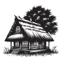 Rustic Thatched Roof House Silhouette Illustration with Tree Background Art vector