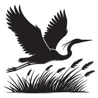 Majestic Heron Silhouette in Flight with Cattails for Nature Designs vector