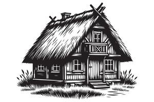 Rustic Thatched Cottage Illustration a Charming Countryside Home Design vector