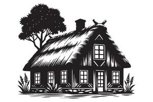 Quaint Thatched Cottage Silhouette With Tree Black and White Design vector