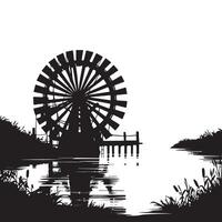 Water Wheel Silhouette Illustration at Riverside for Scenic Design Element vector