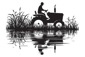 Silhouette Tractor in Field with Water Reflection Art vector