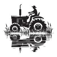 Farmer in Tractor Silhouette Illustration Reflecting in Water Artwork vector