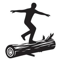 Silhouette Illustration of a Man Balancing on Log Artwork Design vector