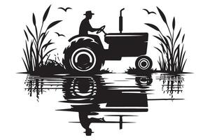 Silhouette Tractor on a Farm with Water Reflection Illustration vector