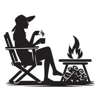 Silhouette Relaxing Woman by Campfire Illustration Perfect Vacation Mood vector