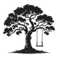 Silhouette of a Large Tree with a Swing Hanging Down vector