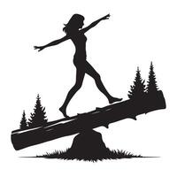 Silhouette of woman balancing on a log in nature vector