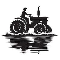 Black Tractor Silhouette Illustration Farmer Working on Field Reflection Art vector