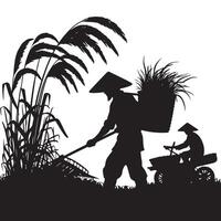 Farmers Silhouette Working on Rice Field with Traditional Equipment vector