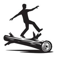 Man balancing on log silhouette illustration in forest design vector
