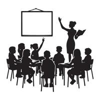 Silhouette of teacher instructing a class with students raising hand vector