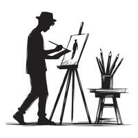 Silhouette Artist Painting Portrait on Easel with Brushes Image vector