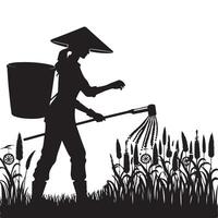 Farmer working in field irrigation silhouette illustration vector