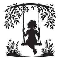 Silhouette Child on Swing Hanging from Tree Branch Fun Playtime vector