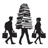 Overwhelmed Student Silhouette Carrying Huge Stack of Books Illustration vector