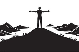 Silhouette of a Person Standing on Mountain Top Achieving Success vector