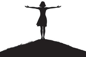 Silhouette of Woman with Open Arms Standing on Top of Hill vector