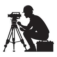 Silhouette Surveyor Working with Total Station on Construction Site Detailed vector