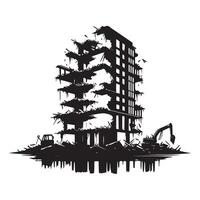 Silhouette of Demolished Building with Excavators Disaster and Ruins vector