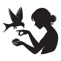Silhouette of Woman Feeding Bird Capturing Serenity and Kindness vector