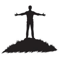 Silhouette of Man on Hilltop Enjoying Nature and Freedom vector