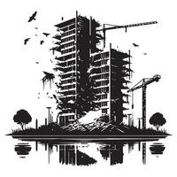 Black and White Demolition Building Silhouette with Cranes Reflection Illustration vector