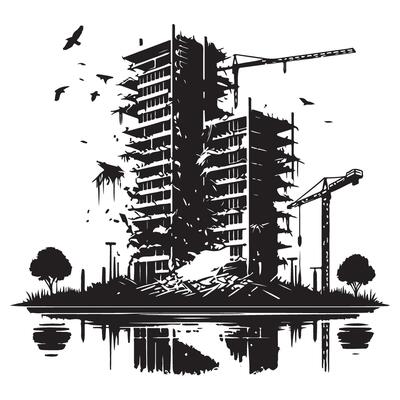 Black and White Demolition Building Silhouette with Cranes Reflection Illustration