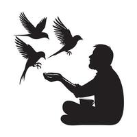 Man feeding birds silhouette illustration fostering compassion connection nature vector