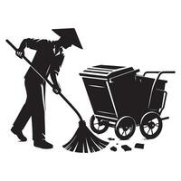 Silhouette of Street Sweeper with Cart Illustration vector