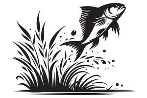 Silhouette Fish Jumping From Reeds Illustration River Life vector