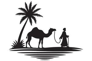 Silhouette of a Camel and Desert Traveler with Palm Tree Illustration vector