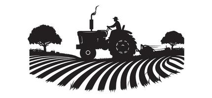 Silhouette of Farmer Plowing Field with Tractor Illustration vector