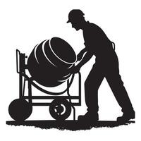 Cement mixer silhouette of construction worker handling mixing machine vector