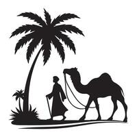 Silhouette desert caravan illustration with man and camel under palm tree vector