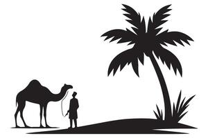 Illustration of Man with Camel Under Palm Tree Desert Scene vector