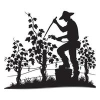 Silhouette of vintner tending vineyard and spraying pesticide vector
