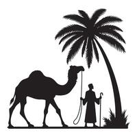 Silhouette of Camel Caravan Desert Journey Under Palm Tree Shade vector