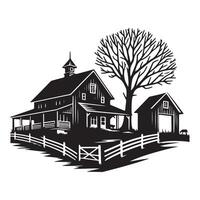 Silhouette Farmhouse with Barn Surrounded by Fence and Tree vector