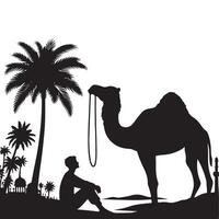 Silhouette Man with Camel under Palm Tree Desert Illustration vector