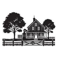 Charming Countryside Farmhouse Illustration with Trees and Fence Design vector
