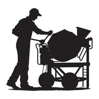 Silhouette Construction Worker Mixing Concrete in Mixer Machine vector