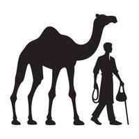 Silhouette of a Man Leading Camel Walking Illustration Design vector